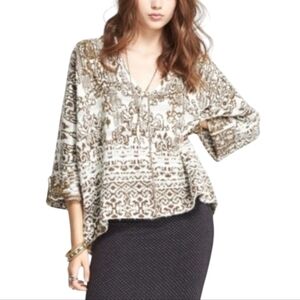 Free People high low green cream distressed hooded sweater